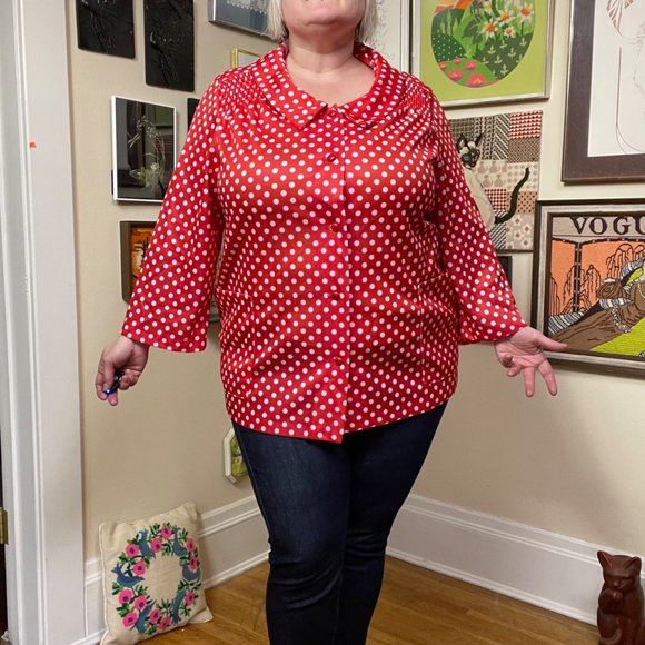 Vintage Tops - 70s Red and White Polka Dot Peter Pan Collar Button Front Shirt Shacket Size 2X.